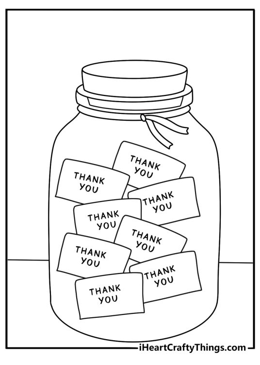 A gratitude jar filled with thank you notes makes this simple coloring sheet