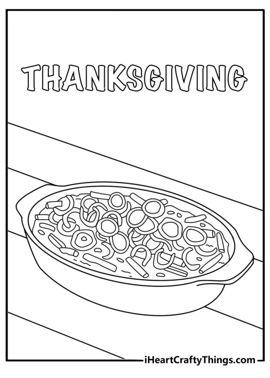 A green bean casserole sits inside a baking dish in this food coloring page
