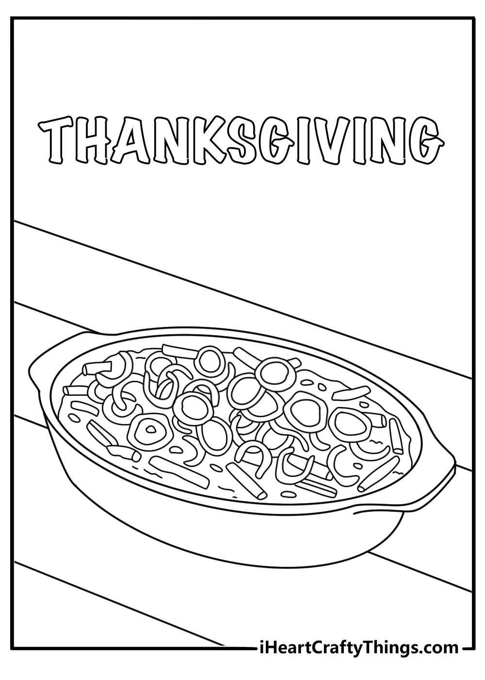 A green bean casserole sits inside a baking dish in this food coloring page