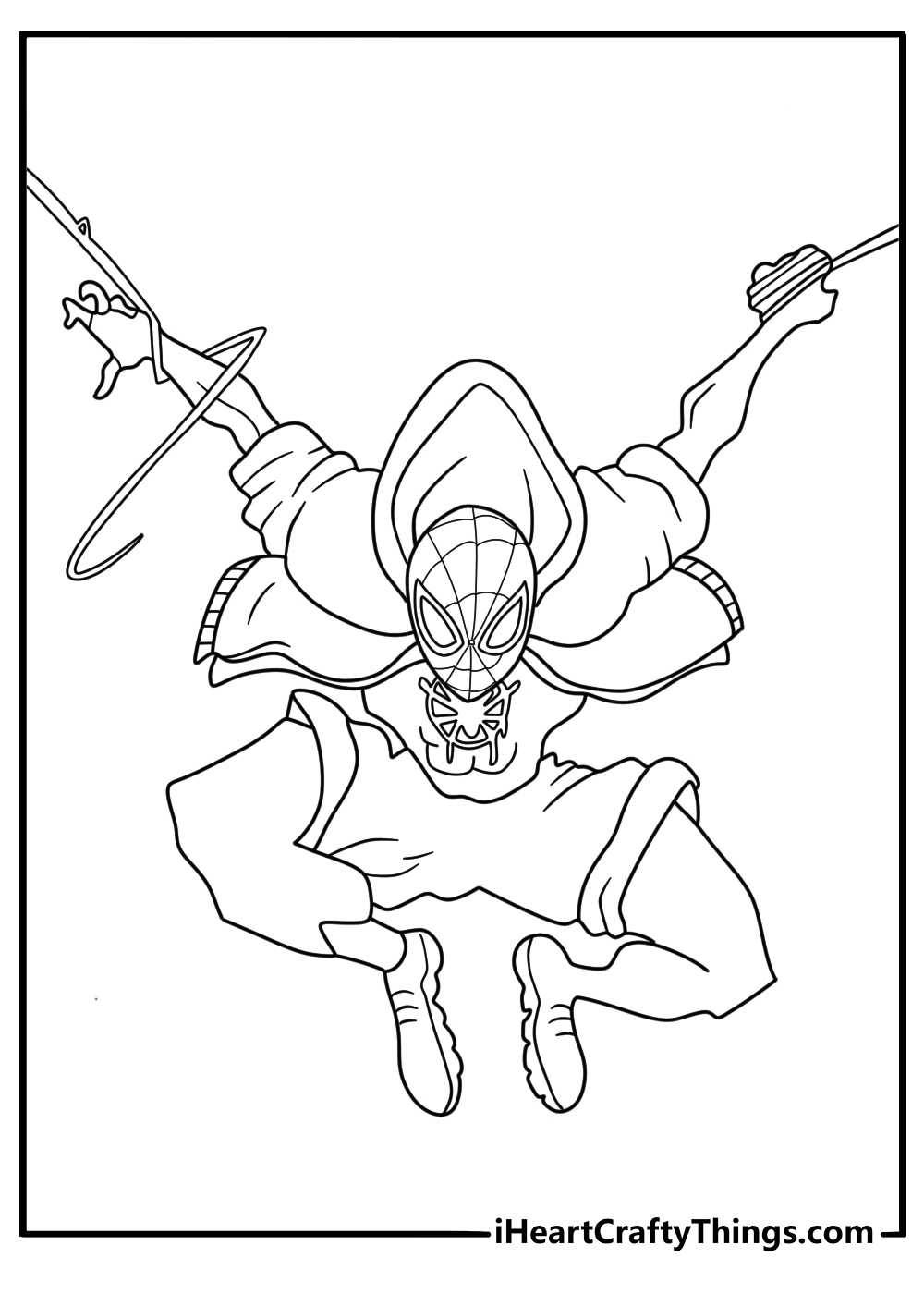 A hoodie over the spider suit gives this Spider Man coloring page a street style look