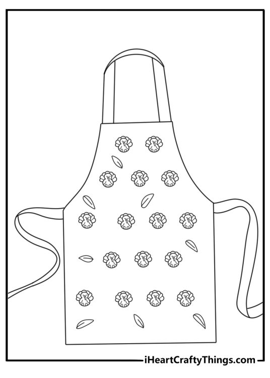 A kitchen apron with small turkey patterns fills this easy holiday coloring sheet