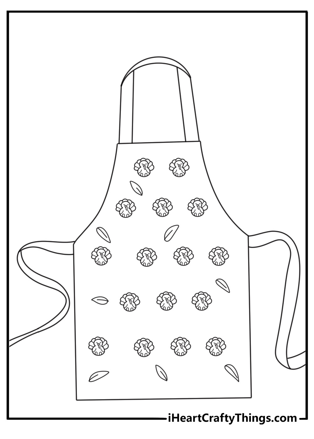 A kitchen apron with small turkey patterns fills this easy holiday coloring sheet