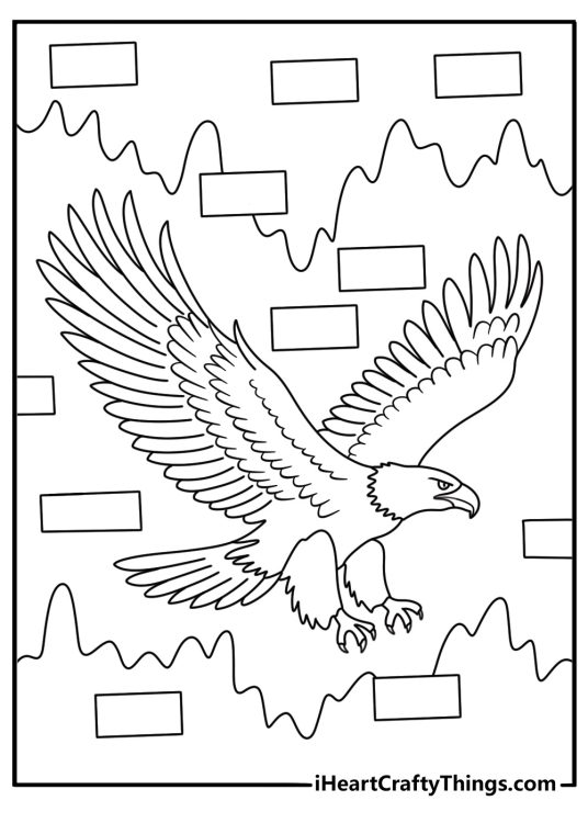 A large eagle mural spreads across this graffiti coloring sheet