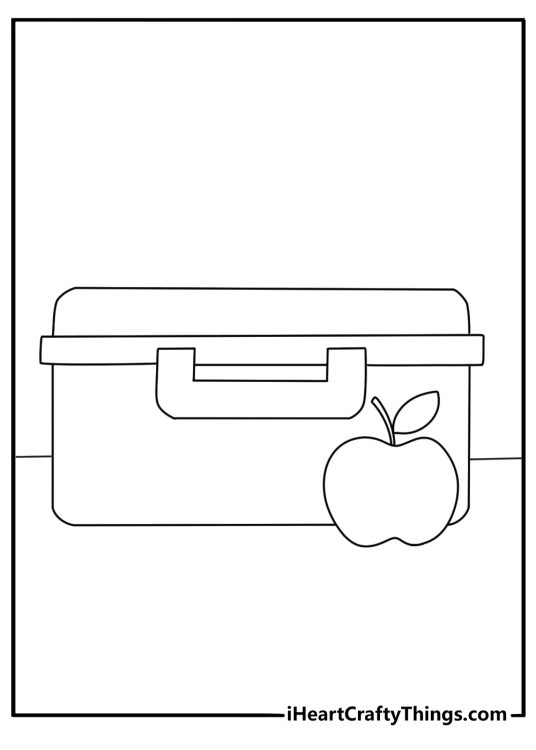 A lunchbox with an apple makes this simple coloring sheet for kids