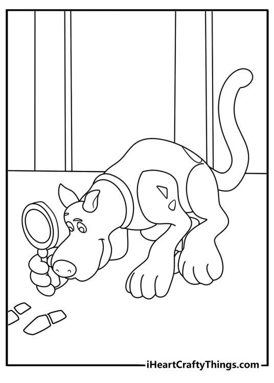 A magnifying glass and mystery clues fill this easy Scooby Doo printable
