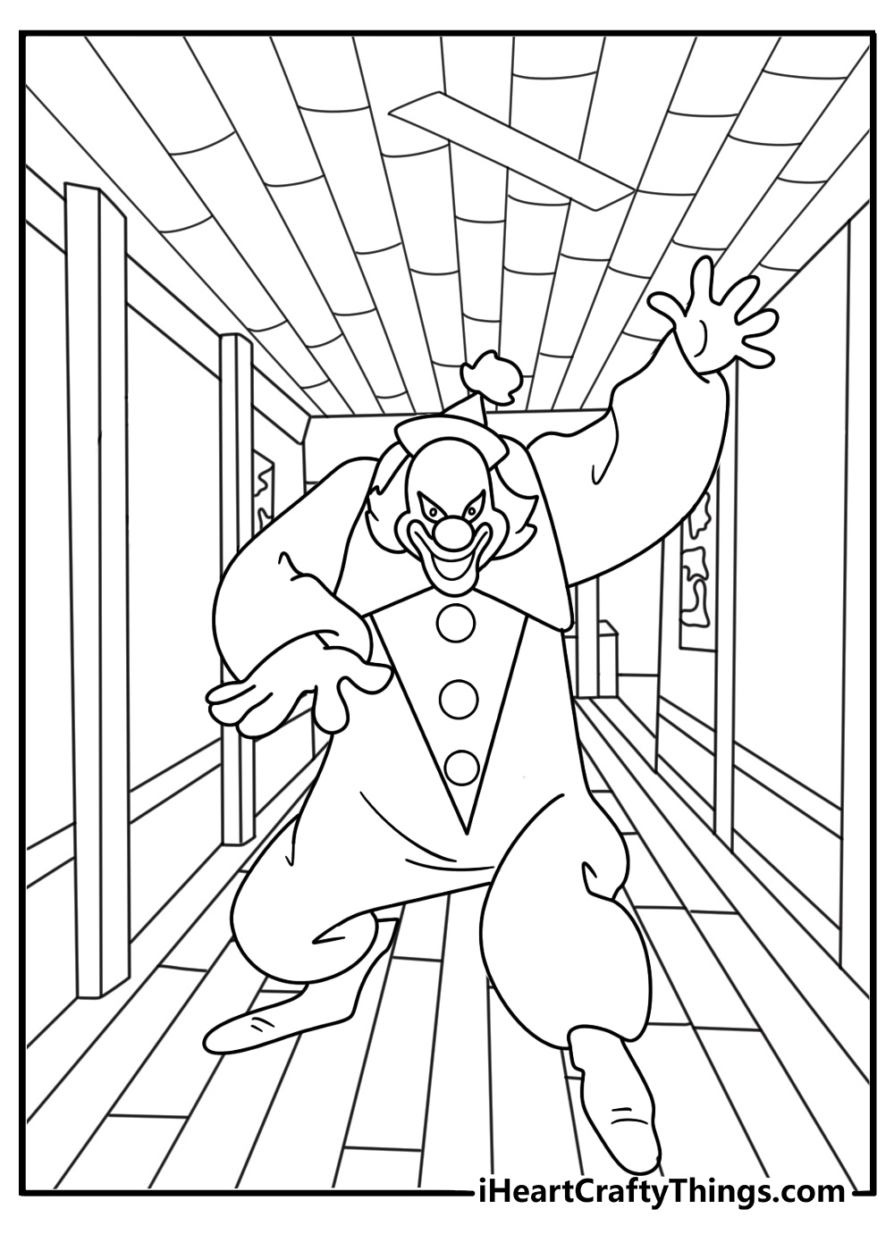 A masked villain runs through a museum hallway in this fun coloring printable