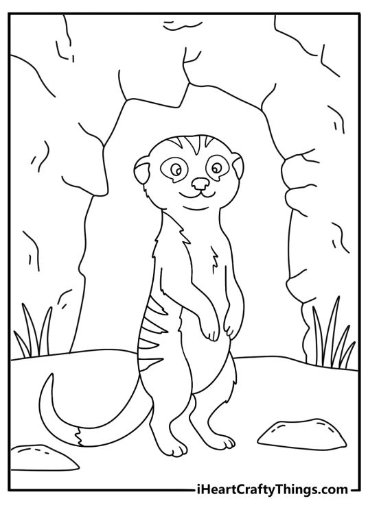 A meerkat stands beside a desert burrow in this coloring sheet for kids