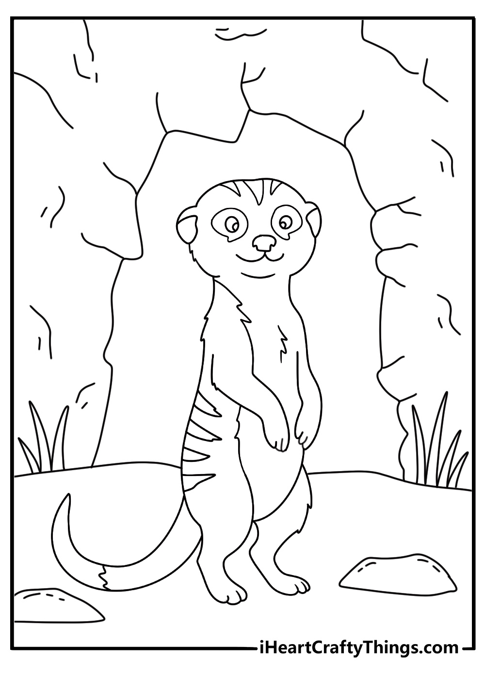 A meerkat stands beside a desert burrow in this coloring sheet for kids