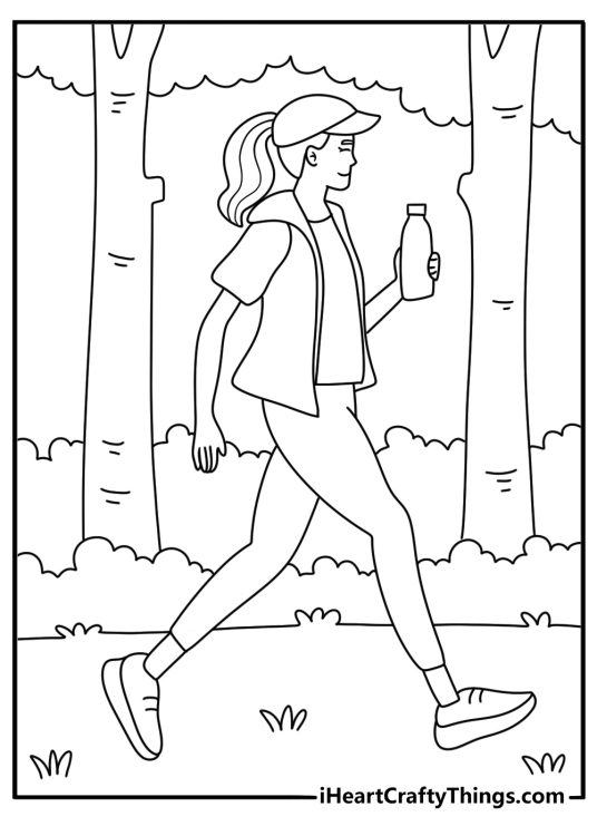 A misty morning walk through the woods fills this seasonal coloring page