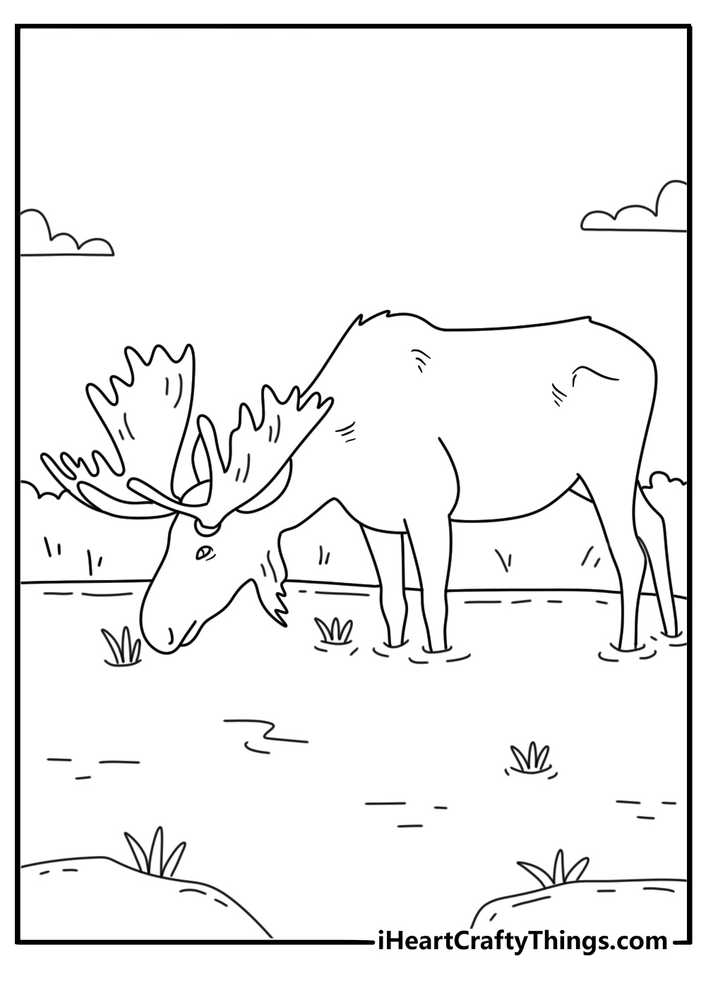 A moose feeds on water plants beside a marsh in this nature coloring page
