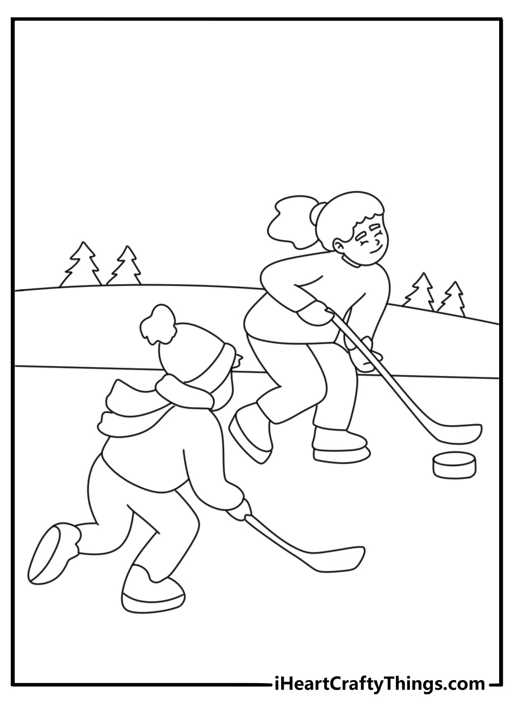 A pair of ice hockey players skate across an outdoor rink