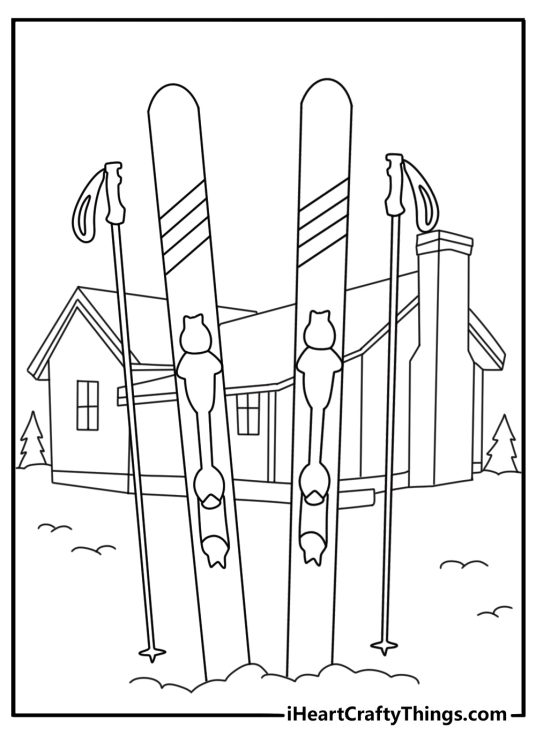 A pair of skis rests beside a mountain lodge in this free coloring page