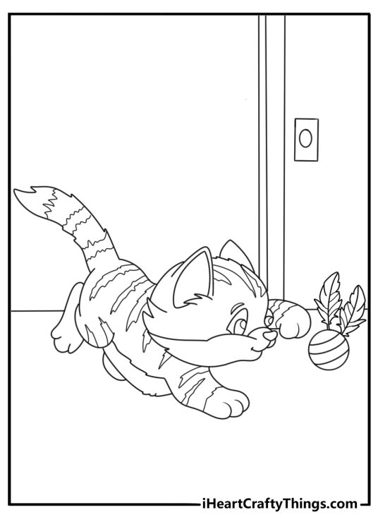 A playful kitten chases a feather toy across the room