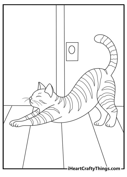 A realistic cat stretches across a wooden floor in this detailed coloring page