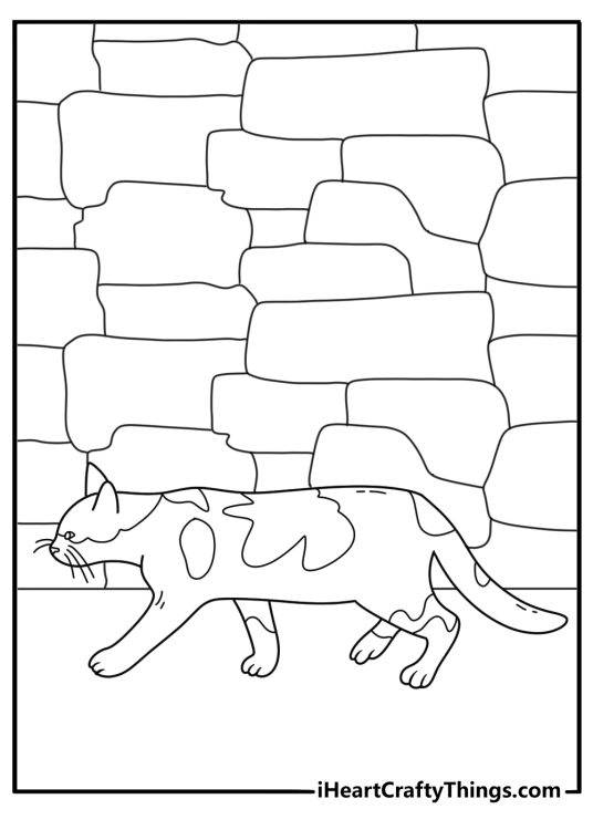 A realistic cat walks along a stone wall in this detailed coloring page