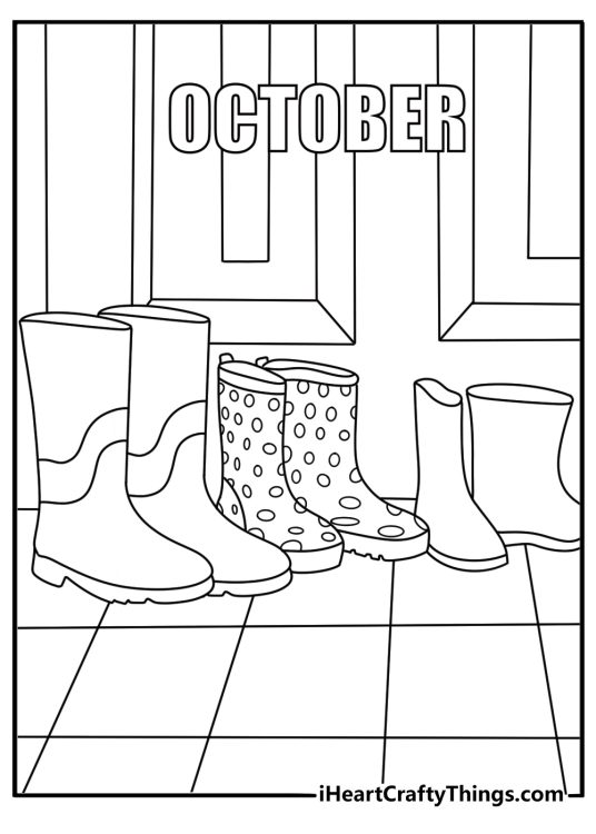 A row of rain boots sits beside a porch in this cozy coloring sheet