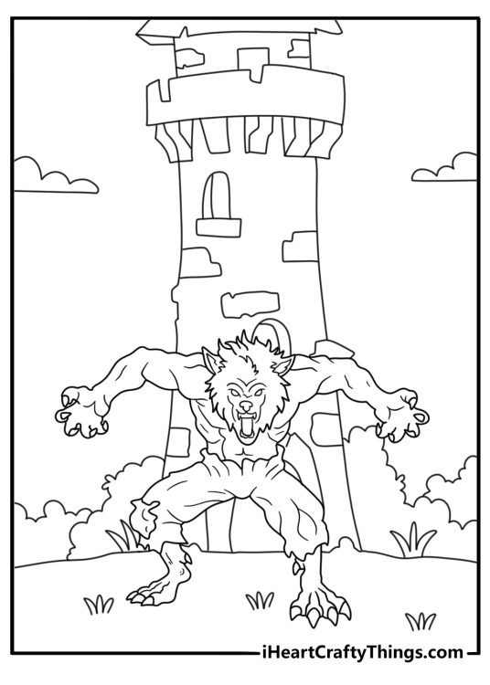 A ruined watchtower stands behind a werewolf in this fantasy coloring page