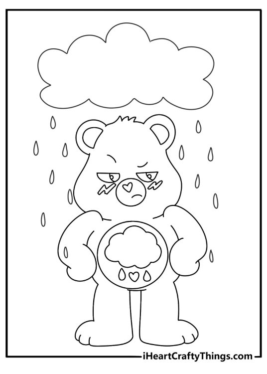 A simple Care Bears coloring sheet shows Grumpy Bear under a rain cloud