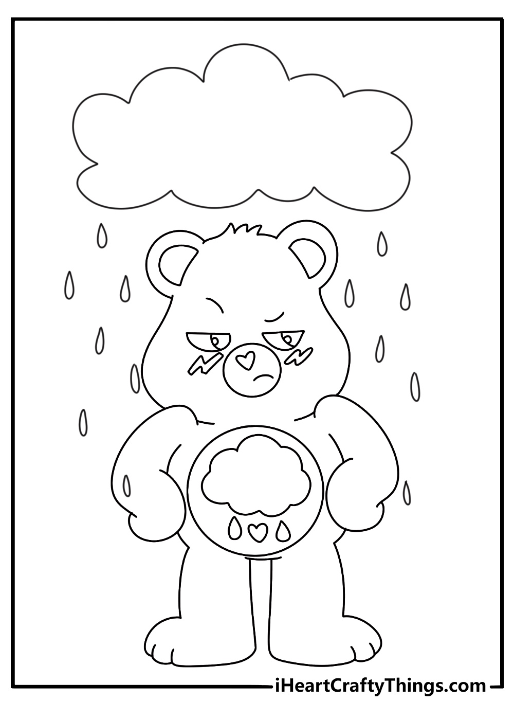 A simple Care Bears coloring sheet shows Grumpy Bear under a rain cloud
