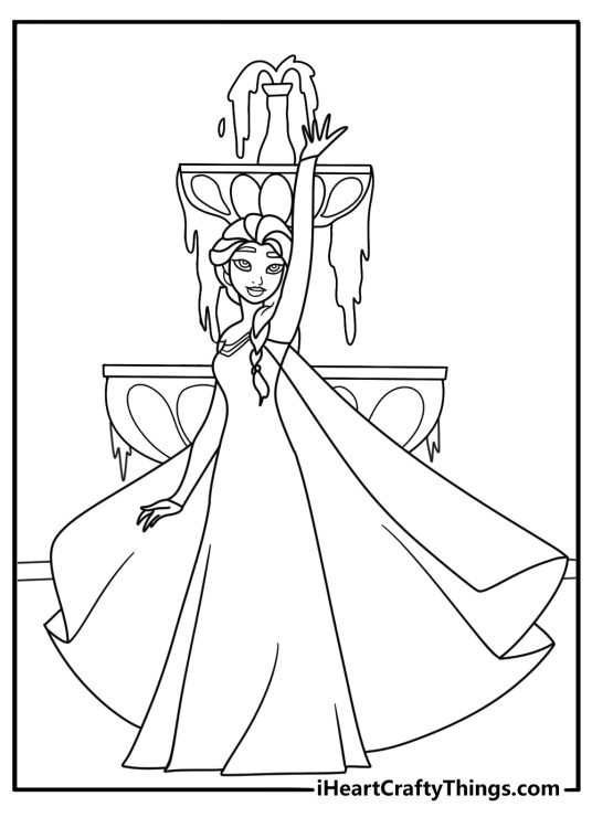 A simple Frozen coloring sheet shows Elsa beside a frozen fountain