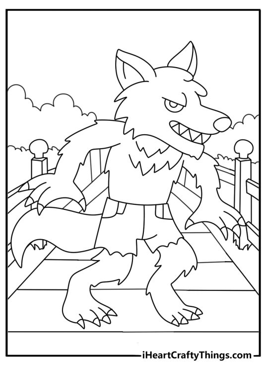 A simple Halloween coloring sheet shows a werewolf crossing a wooden bridge