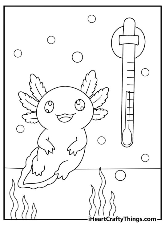 A simple coloring page shows an axolotl beside a water thermometer