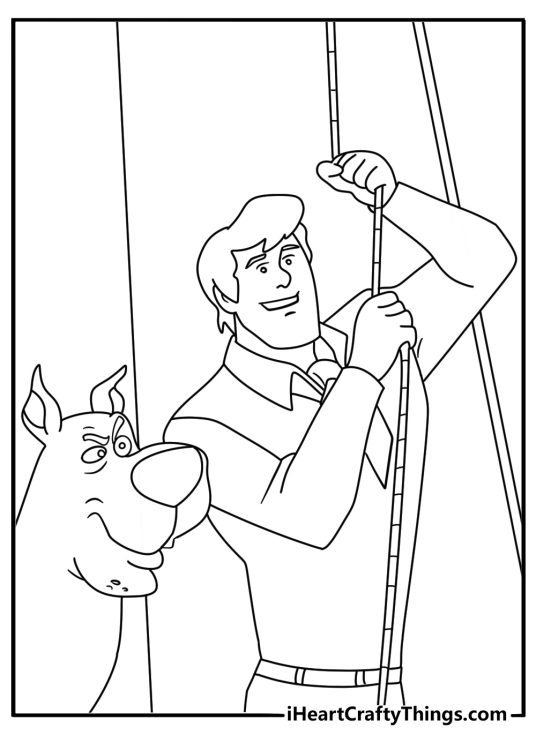 A simple mystery coloring page shows Fred setting a rope trap
