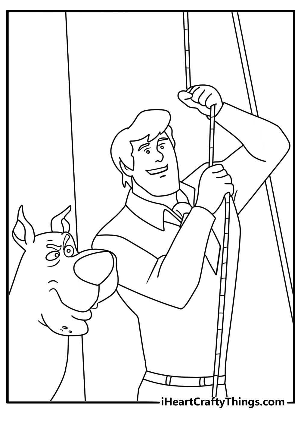 A simple mystery coloring page shows Fred setting a rope trap