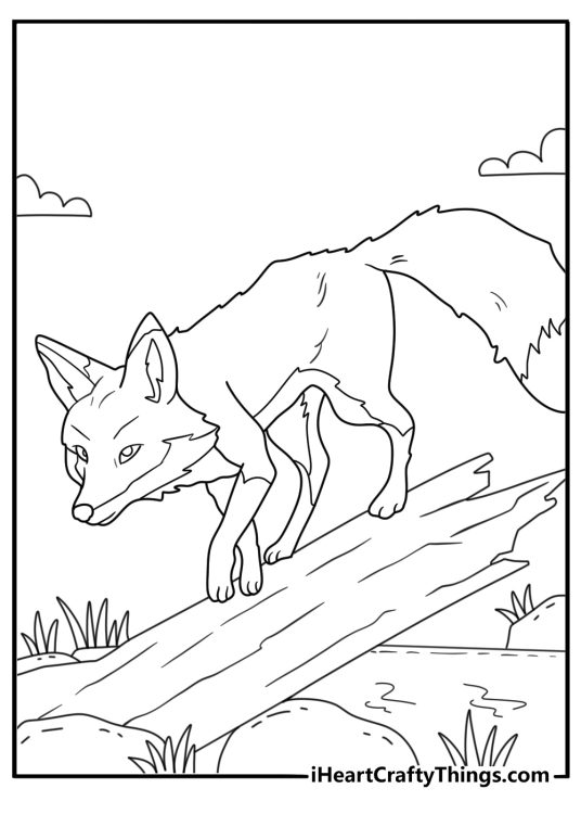 A simple woodland coloring sheet shows a fox beside a fallen log