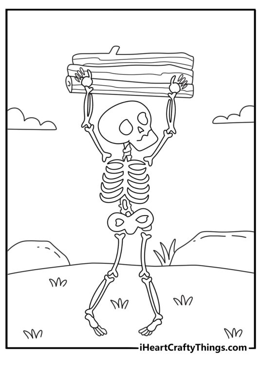 A skeleton carries a bundle of firewood in this detailed Halloween page
