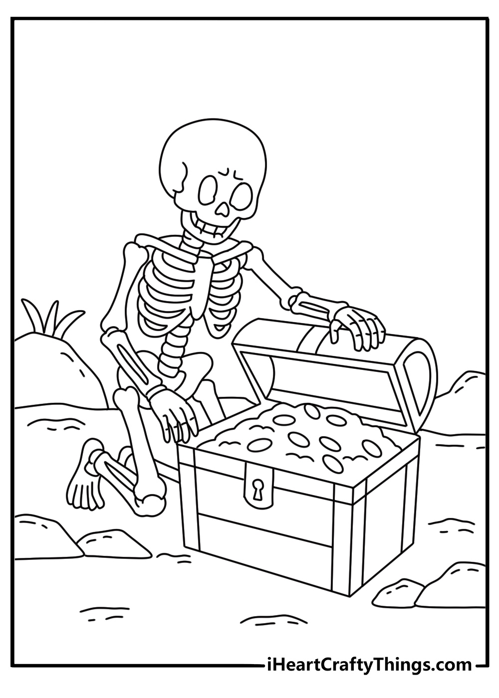 A skeleton opens a treasure chest in this fun coloring sheet