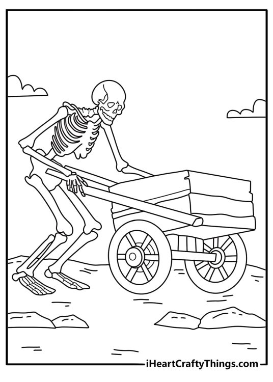 A skeleton pushes a wooden wheelbarrow in this simple coloring sheet