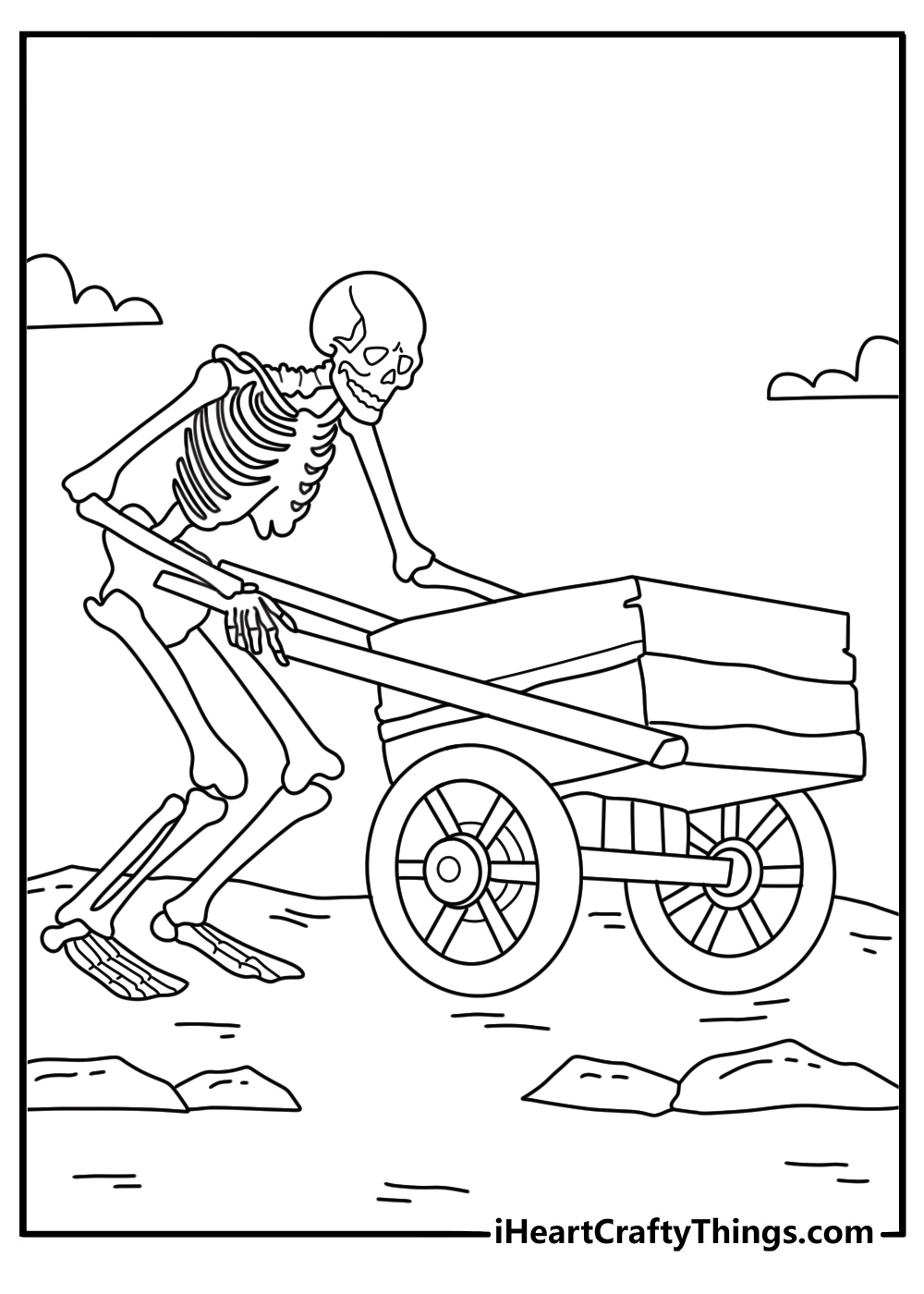A skeleton pushes a wooden wheelbarrow in this simple coloring sheet