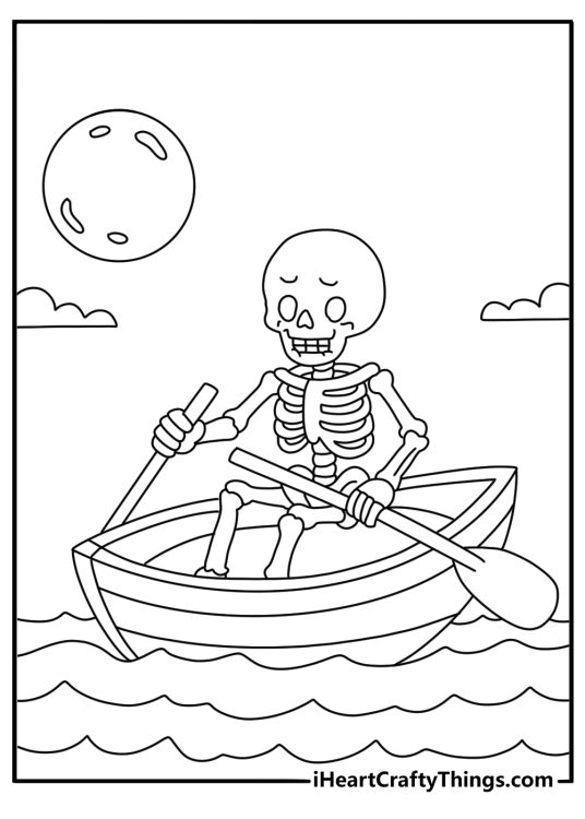 A skeleton rows a small boat across dark water in this detailed coloring page