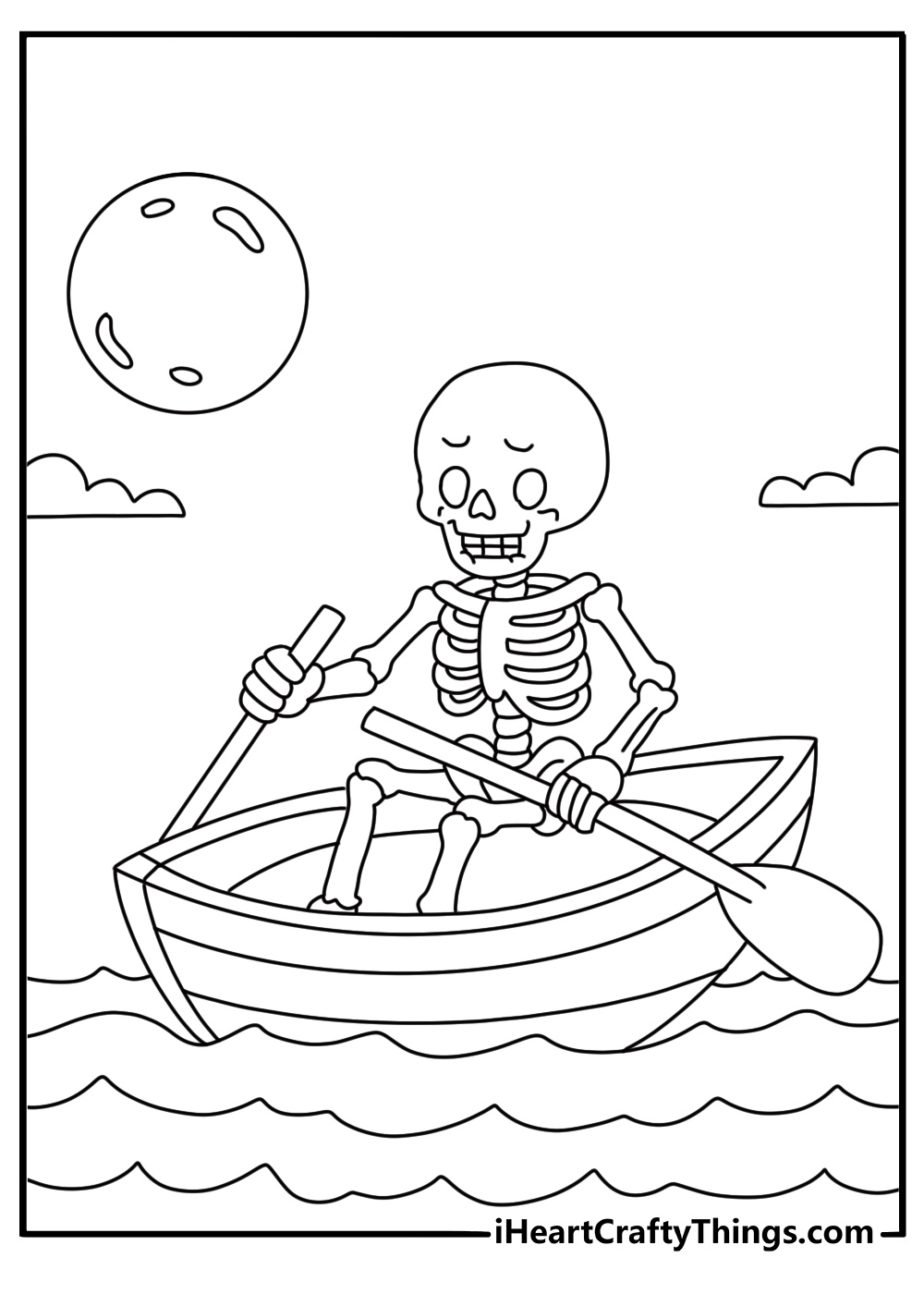 A skeleton rows a small boat across dark water in this detailed coloring page