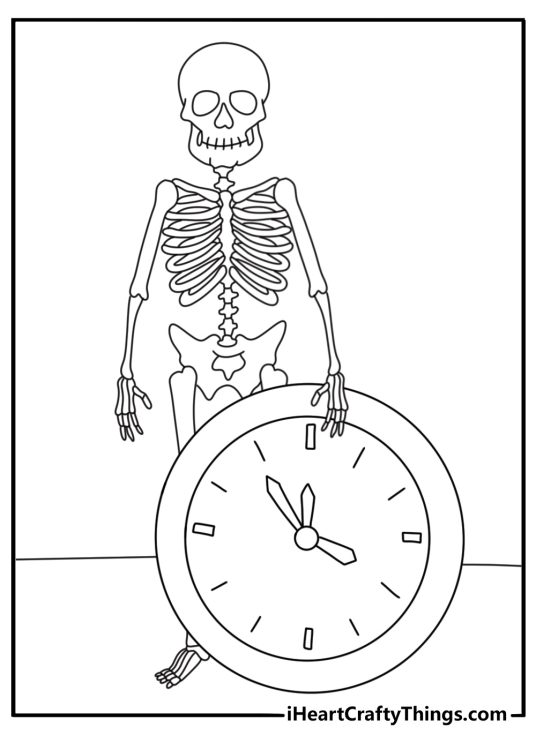 A skeleton stands beside a large clock in this easy coloring sheet