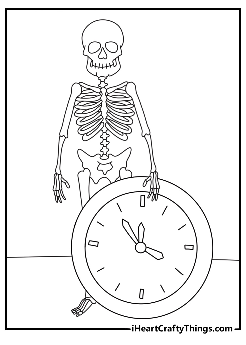 A skeleton stands beside a large clock in this easy coloring sheet