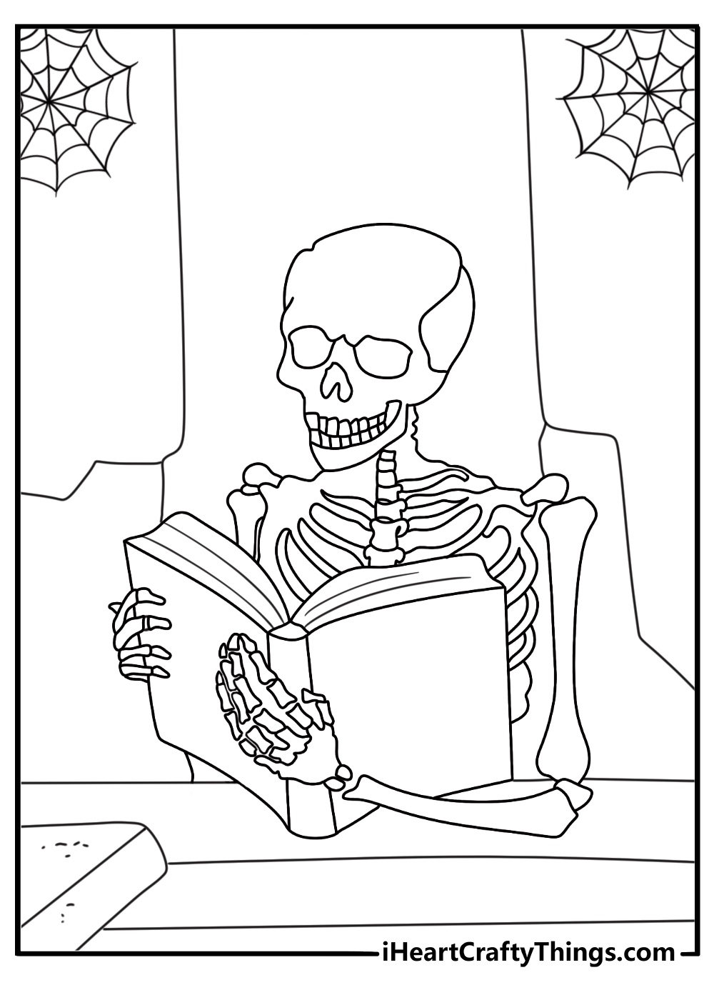 A skeleton studies a dusty book at a wooden desk in this creepy printable