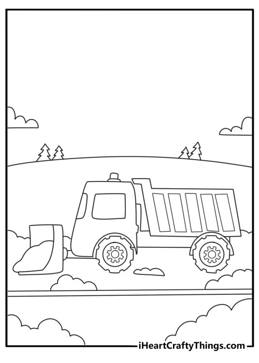 A snow plow clears a country road in this detailed printable