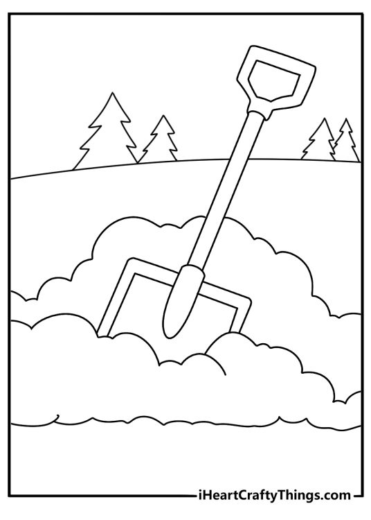 A snow shovel stands beside a freshly cleared walkway in this easy sheet