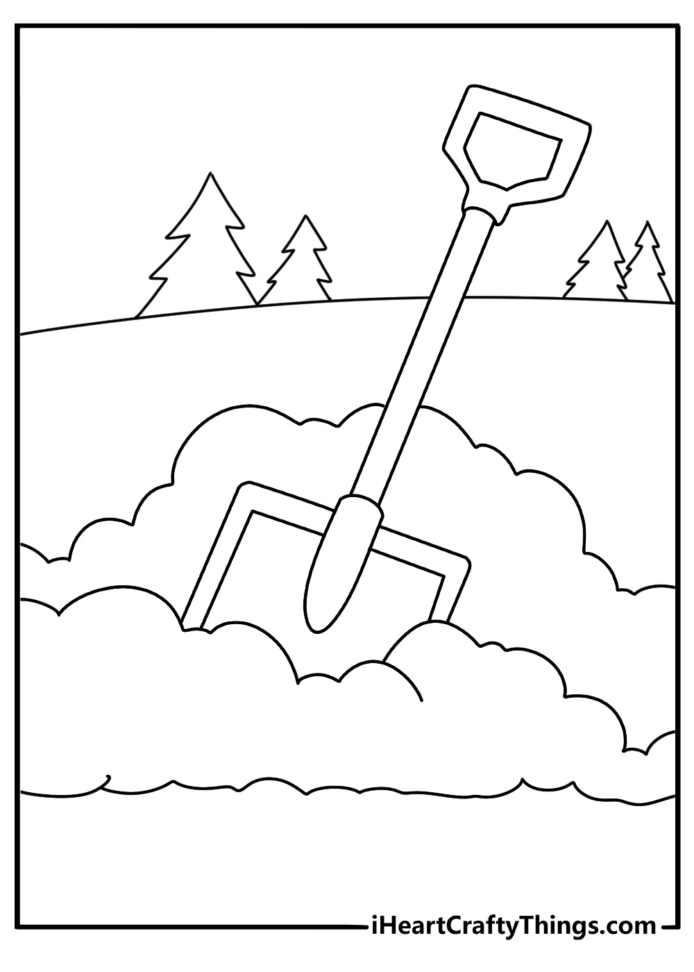 A snow shovel stands beside a freshly cleared walkway in this easy sheet