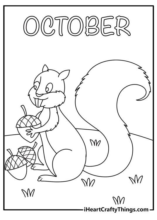 A squirrel gathers nuts near a wooden fence in this simple coloring sheet
