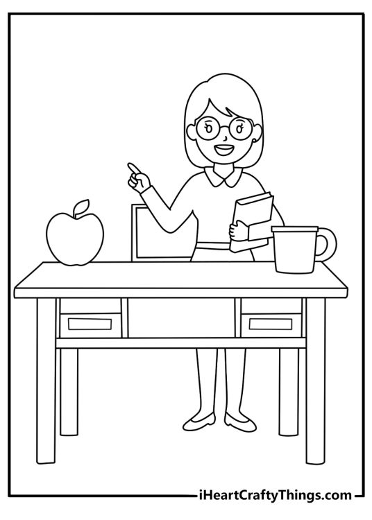 A teacher places an apple on a classroom desk in this school coloring sheet