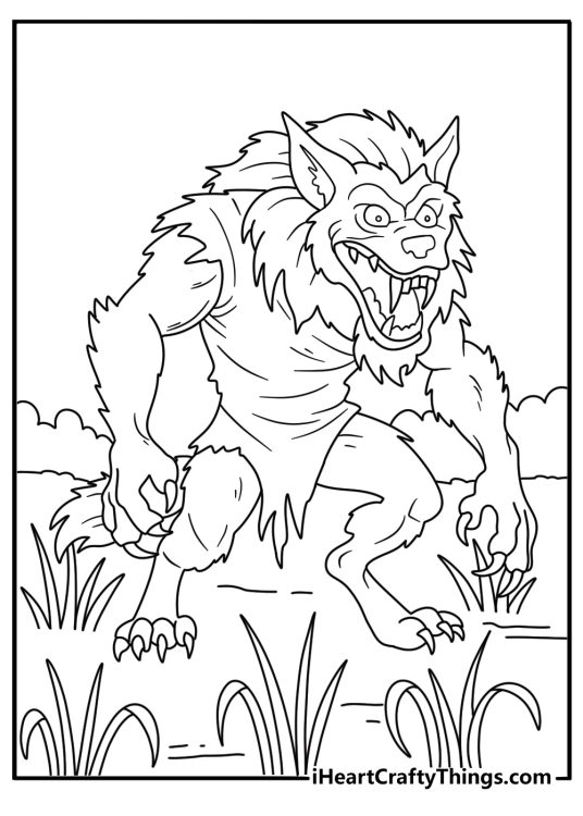 A werewolf watches from behind tall reeds in this spooky coloring printable