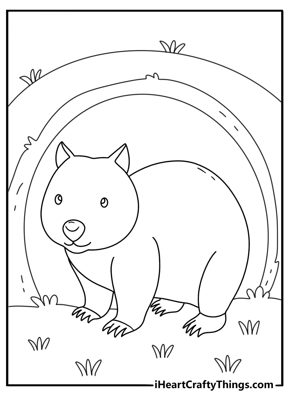 A wombat leaves its underground den in this simple coloring page