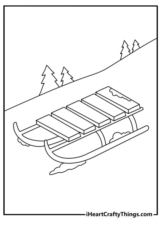 A wooden toboggan rests beside a snowy slope in this simple coloring page