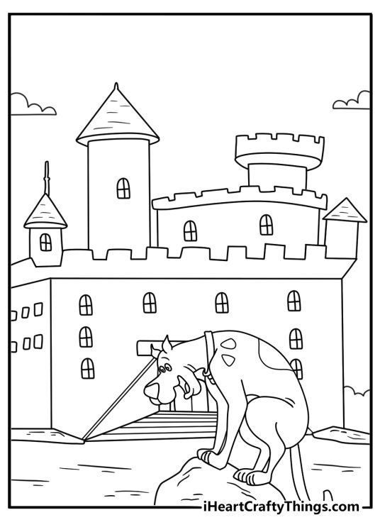 An abandoned castle tower appears behind Scooby in this free printable