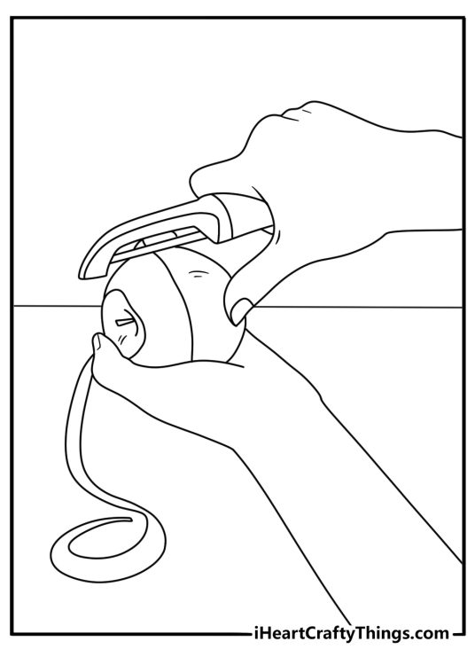 An apple peeler curls a long strip of skin in this fun coloring sheet