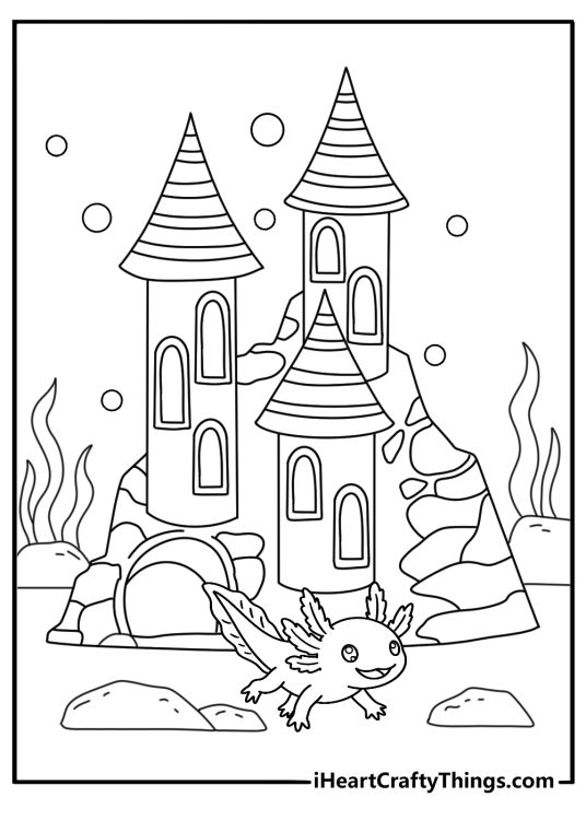 An aquarium castle stands behind a young axolotl in this cute coloring page
