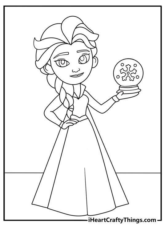 An easy Elsa coloring sheet shows her holding a small snow globe